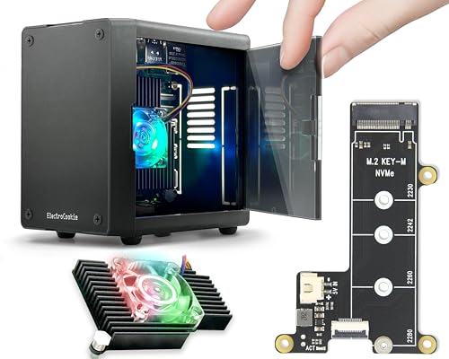 ElectroCookie Mini-PC-Gehäuse für Raspberry Pi 5 mit M.2 NVMe SSD PCIe HAT und aktivem RGB-Beleuchtungskühler (schwarzes Gehäuse + M.2-HAT[X1001]) von ELECTROCOOKIE