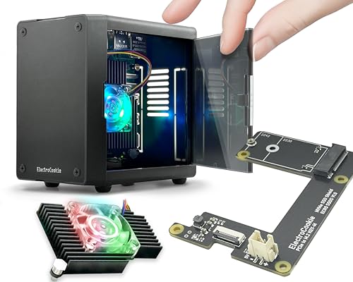ElectroCookie Mini-PC-Gehäuse für Raspberry Pi 5 mit M.2 NVMe SSD PCIe HAT und aktivem RGB-Beleuchtungskühler (schwarzes Gehäuse + M.2-HAT[ECR5 SSDS]) von ELECTROCOOKIE