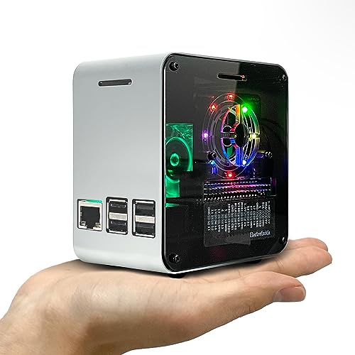 ElectroCookie Raspberry Pi 3 Gehäuse, Aluminium-Mini-Tower-Gehäuse mit Lüfter und farbwechselndem Umgebungslicht (Silber und Dunkelgrau) von ELECTROCOOKIE