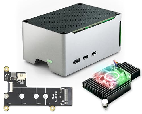 ElectroCookie Raspberry Pi 5 Gehäuse, kompaktes Aluminiumgehäuse mit M.2 NVMe SSD PCIe HAT und aktivem RGB-Beleuchtungskühler (schwarzes Gehäuse + M.2-HAT[X1001]) von ELECTROCOOKIE
