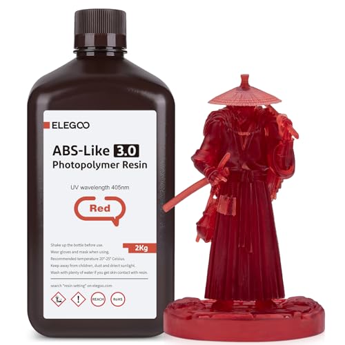 ELEGOO 405nm ABS-Like Resin 3.0, UV-Härtendes 3D Resin mit Hohe Präzision, Nicht Spröde, Verbesserte Festigkeit und Zähigkeit für LCD/DLP 3D Drucker Photopolymer Harz Klarrot 2000g von ELEGOO
