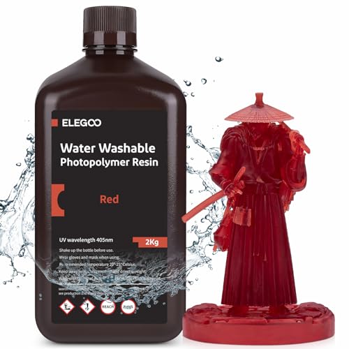 ELEGOO 405nm Wasser Waschbares Resin, Water Washable 3D Drucker Rapid Harz für LCD UV Härtung Photopolymer 3D Drucker 2kg Klarrot von ELEGOO