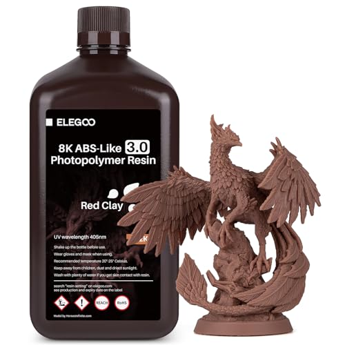 ELEGOO 8K ABS-Like Resin 3.0, LCD UV Rapid Resin Hohe Präzision, Nicht Spröde, Verbesserte Festigkeit und Zähigkeit für LCD/DLP 3D Drucker Photopolymer Resin Roter Ton 2000g von ELEGOO