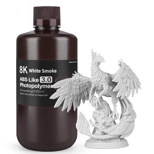 ELEGOO 8K ABS-Like Resin 3.0, LCD UV Rapid Resin Hohe Präzision, Nicht Spröde, Verbesserte Festigkeit und Zähigkeit für LCD/DLP 3D Drucker Photopolymer Resin Weißer Rauch 1000g von ELEGOO