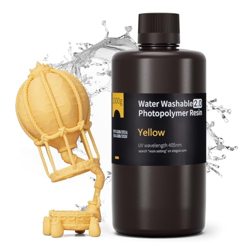 ELEGOO Resin Wasser Abwaschbar 2.0 1000g Gelb, Geringe Schrumpfung und Hohe Haltbarkeit 395-405 nm Schnelles Aushärten 3D Drucker Water Washable Resin für MSLA/LCD/DLP Resin 3D Drucker von ELEGOO