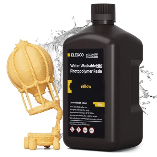 ELEGOO Resin Wasser Abwaschbar 2.0 2000g Gelb, Geringe Schrumpfung und Hohe Haltbarkeit 395-405 nm Schnelles Aushärten 3D Drucker Water Washable Resin für MSLA/LCD/DLP Resin 3D Drucker von ELEGOO