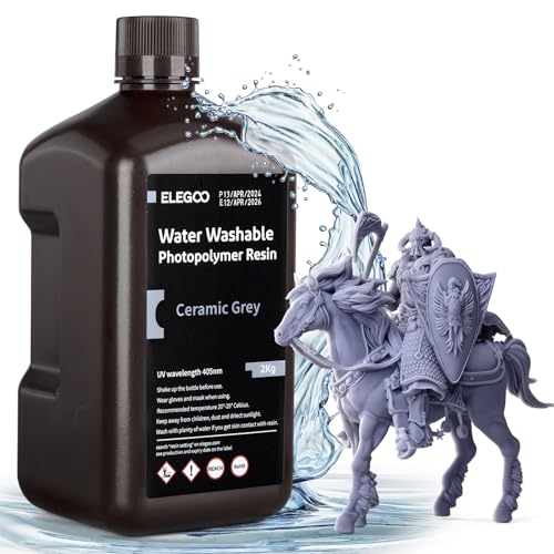 ELEGOO Wasser Waschbares 3D Drucker Resin, Upgraded Water Washable UV Resin 405nm Photopolymer Harz für MSLA/DLP/LCD 3D Drucker Keramikgrau 2000g von ELEGOO