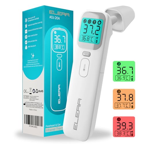 ELERA Fieberthermometer Ohr, Fieberthermometer Kontaktlos mit Vier Messmodi und Vierfarbiger Temperaturanzeige, Stirnthermometer Baby mit 1 Sekunde Messzeit und 40 Speicherfunktionen von ELERA