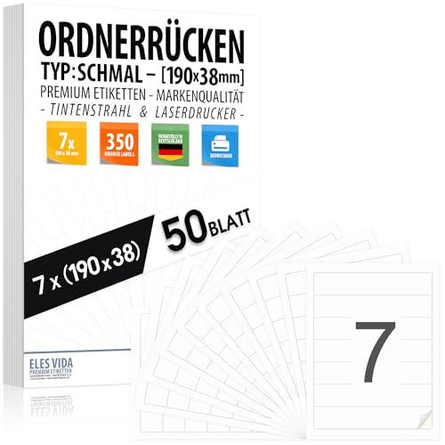 Ordnerrücken-Aufkleber 190 x 38 mm – 350 selbstklebende Rückenschilder für schmale Ordner, matt weiß, ideal für Schulordner und Ringmappen, Ordnerrücken Aufkleber, kompatibel Tinte- und Laserdruckern Ordnerrücken-Aufkleber 190 x 38 mm – 350 selbstklebende Rückenschilder für schmale Ordner, matt weiß, ideal für Schulordner und Ringmappen, Ordnerrücken Aufkleber, kompatibel Tinte- und Laserdruckern von ELES VIDA