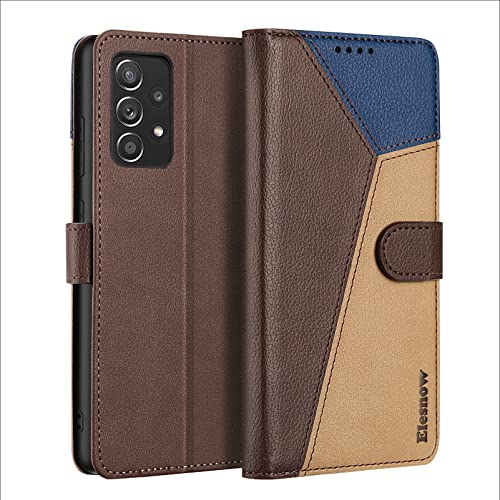 ELESNOW Handyhülle für Samsung Galaxy A52 Hülle Leder, Samsung Galaxy A52 klappbar Handytasche Schutzhülle für Samsung Galaxy A52 4G / 5G Handy Hüllen (Braun/Khaki/Blau) von ELESNOW