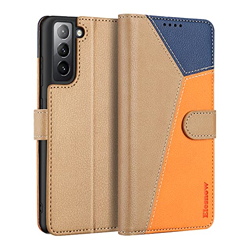 ELESNOW Handyhülle für Samsung Galaxy S21 Hülle Leder, Samsung Galaxy S21 klappbar Handytasche, Schutzhülle für Samsung Galaxy S21 4G / 5G Handy Hüllen (Khaki/Orange/Blau) von ELESNOW