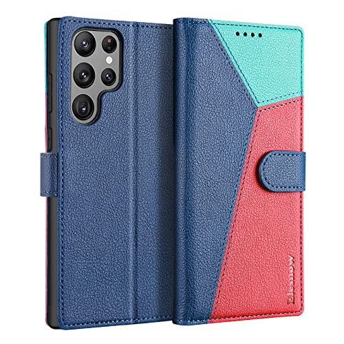 ELESNOW Handyhülle für Samsung Galaxy S22 Ultra 5G Hülle Leder, Samsung Galaxy S22 Ultra 5G klappbar Handytasche, Schutzhülle für Samsung Galaxy S22 Ultra 5G Handy Hüllen (Blau/Rot/Himmelblau) von ELESNOW