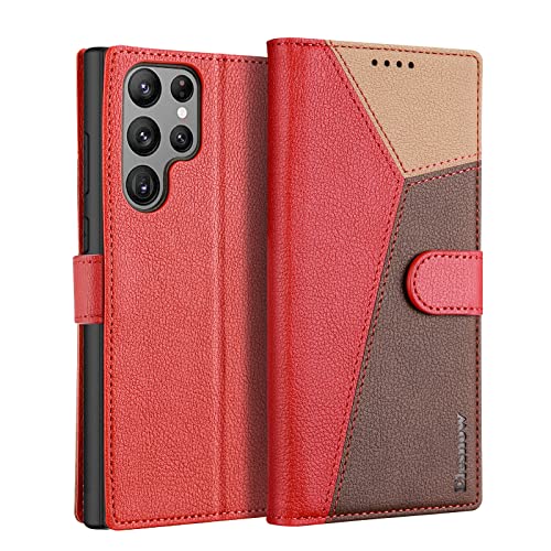 ELESNOW Handyhülle für Samsung Galaxy S22 Ultra 5G Hülle Leder, Samsung Galaxy S22 Ultra 5G klappbar Handytasche, Schutzhülle für Samsung Galaxy S22 Ultra 5G Handy Hüllen (rot/braun/Khaki) von ELESNOW