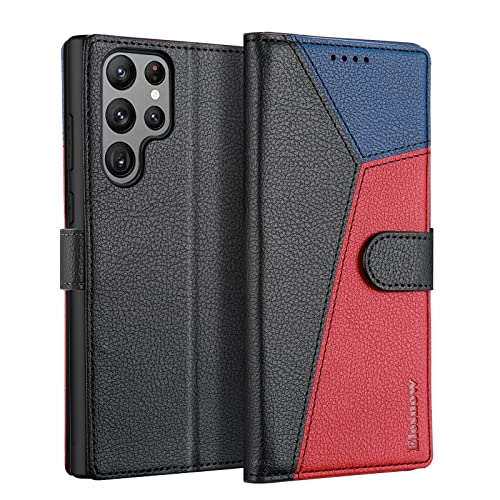 ELESNOW Handyhülle für Samsung Galaxy S22 Ultra 5G Hülle Leder, Samsung Galaxy S22 Ultra 5G klappbar Handytasche, Schutzhülle für Samsung Galaxy S22 Ultra 5G Handy Hüllen (schwarz/rot/blau) von ELESNOW