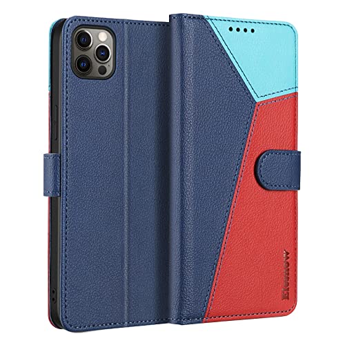 ELESNOW iPhone 12 Pro Max Hülle Leder - 6.7 Zoll, iPhone 12 Pro Max Schutzhülle, Klappbare Handytasche mit Kartenfach, Standfunktion und Magnetverschluss (Blau) von ELESNOW