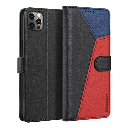 ELESNOW Handyhülle für iPhone 12 Pro Max Hülle Leder - 6.7", iPhone 12 Pro Max klappbar Handytasche, Schutzhülle für Apple iPhone 12 Pro Max Handy Hüllen (Schwarz/Rot/Blau) von ELESNOW