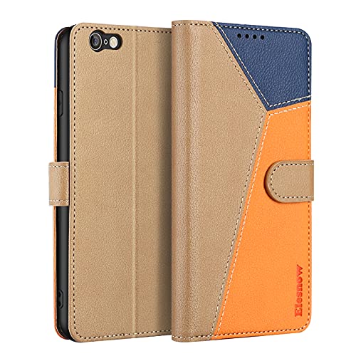 ELESNOW Handyhülle für iPhone 6 Plus / 6s Plus Hülle Leder, iPhone 6 Plus / 6s Plus klappbar Handytasche Schutzhülle für iPhone 6 Plus / 6s Plus Handy Hüllen (Khaki/Orange/Blau) von ELESNOW