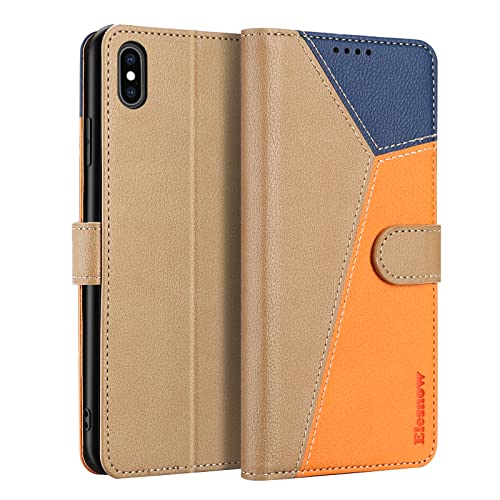 ELESNOW Handyhülle für iPhone XS Max Hülle Leder, iPhone XS Max klappbar Handytasche Schutzhülle für Apple iPhone XS Max Handy Hüllen - 6.5" (Khaki/Orange/Blau) von ELESNOW