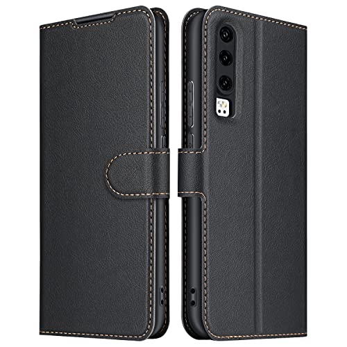 ELESNOW Hülle für Huawei P30, Premium Leder Flip Wallet Schutzhülle Tasche Handyhülle für Huawei P30 (Schwarz) von ELESNOW
