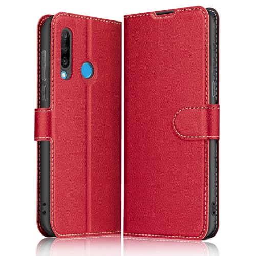 ELESNOW Hülle für Huawei P30 Lite / P30 Lite New Edition, Premium Leder Klappbar Wallet Schutzhülle Tasche Handyhülle mit [ Magnetisch, Kartenfach, Standfunktion ] für Huawei P30 Lite (Rot) von ELESNOW