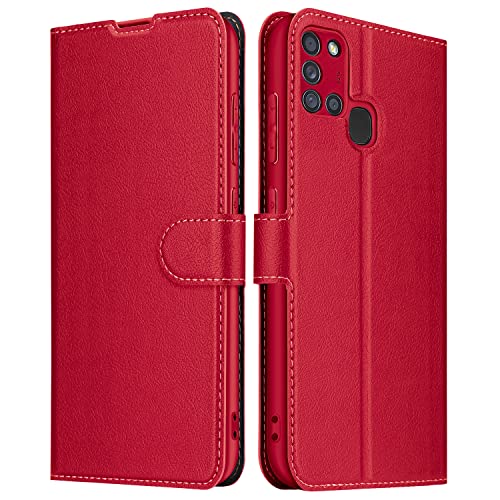 ELESNOW Hülle für Samsung Galaxy A21s, Leder Klappbar Wallet Schutzhülle Tasche Handyhülle mit [Magnetisch, Kartenfach, Standfunktion] für Samsung Galaxy A21s (Rot) von ELESNOW