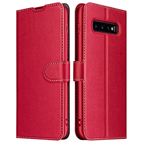 ELESNOW Hülle für Samsung Galaxy S10, Premium Leder Klappbar Wallet Schutzhülle Tasche Handyhülle mit [Magnetisch, Kartenfach, Standfunktion] für Samsung Galaxy S10 (Rot) von ELESNOW