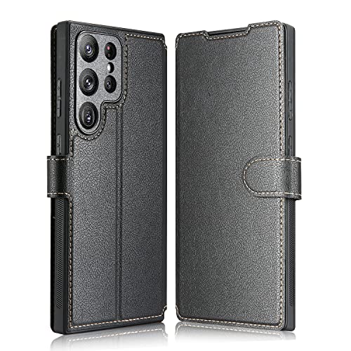 ELESNOW Hülle für Samsung Galaxy S23 Ultra 5G, Premium PU Leder Klappbar Wallet Schutzhülle Tasche Handyhülle mit [Magnetisch, Kartenfach, Standfunktion] für Samsung Galaxy S23 Ultra 5G (Schwarz) von ELESNOW