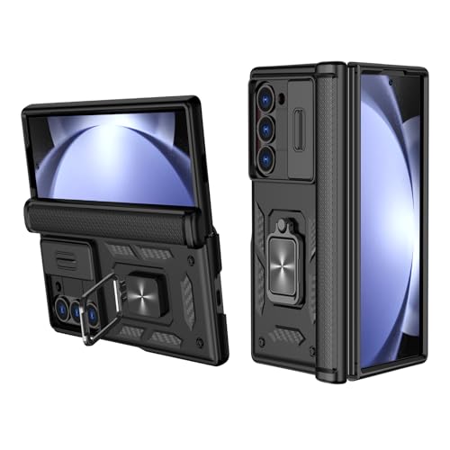 ELESNOW Hülle für Samsung Galaxy Z Fold 6 Handyhülle mit Scharnierschutz, Kameraschutz Drehbarer Ring Ständer Robuste Rüstung Stoßfest Schutzhülle Case für Samsung Galaxy Z Fold6 5G (Schwarz) von ELESNOW