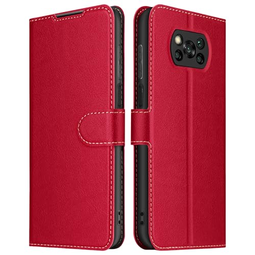 ELESNOW Hülle für Xiaomi Poco X3 NFC/Poco X3 Pro, PU Leder Klappbar Wallet Schutzhülle Tasche Handyhülle mit [Magnetisch, Kartenfach, Standfunktion] für Xiaomi Poco X3 NFC/Poco X3 Pro (Rot) von ELESNOW