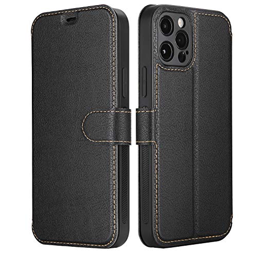 ELESNOW Hülle für iPhone 12 Pro - 6.1", Premium Leder Klappbar Schutzhülle Tasche Handyhülle mit [Magnetisch, Kartenfach, Standfunktion] für Apple iPhone 12 Pro (Schwarz) von ELESNOW