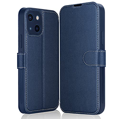 ELESNOW Hülle für iPhone 13-6.1", Premium Leder Klappbar Wallet Schutzhülle Tasche Handyhülle mit [Magnetisch, Kartenfach, Standfunktion] für Apple iPhone 13 (Blau) von ELESNOW
