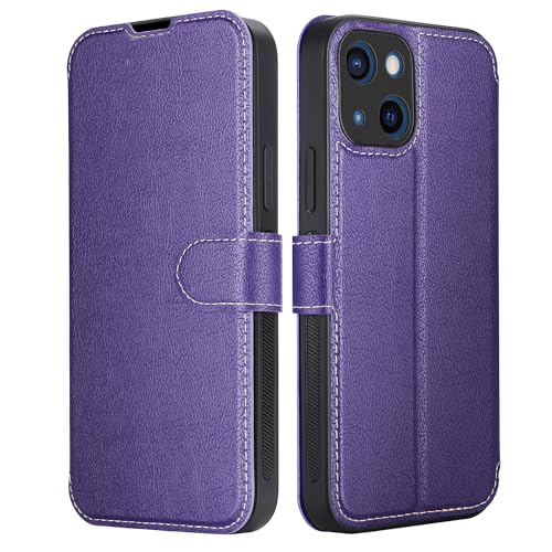 ELESNOW Hülle für iPhone 13-6.1", Premium Leder Klappbar Wallet Schutzhülle Tasche Handyhülle mit [Magnetisch, Kartenfach, Standfunktion] für Apple iPhone 13 (Lila) von ELESNOW