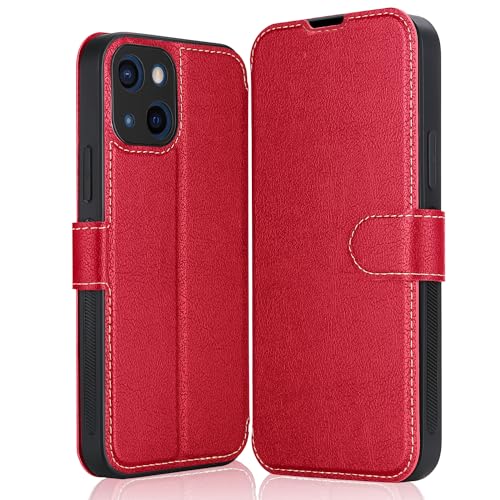 ELESNOW Hülle für iPhone 13-6.1", Premium Leder Klappbar Wallet Schutzhülle Tasche Handyhülle mit [Magnetisch, Kartenfach, Standfunktion] für Apple iPhone 13 (Rot) von ELESNOW