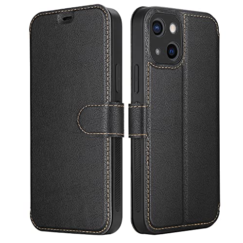 ELESNOW Hülle für iPhone 13-6.1", Premium Leder Klappbar Wallet Schutzhülle Tasche Handyhülle mit [Magnetisch, Kartenfach, Standfunktion] für Apple iPhone 13 (Schwarz) von ELESNOW