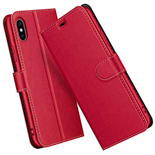 ELESNOW Hülle für iPhone X/XS, Premium Leder Flip Schutzhülle Tasche Handyhülle mit [ Magnetverschluss, Kartenfach, Standfunktion ] für iPhone X/XS (Rot) von ELESNOW