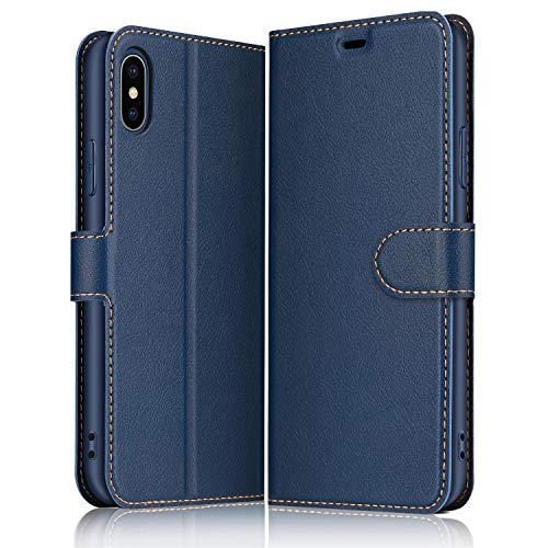 ELESNOW Hülle für iPhone X/XS, Premium Leder Flip Wallet Schutzhülle Tasche Handyhülle für iPhone X/XS (Blau) von ELESNOW