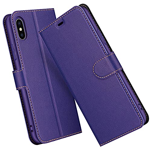 ELESNOW Hülle für iPhone X/XS, Premium Leder Klappbar Schutzhülle Tasche Handyhülle mit [ Magnetisc, Kartenfach, Standfunktion ] für Apple iPhone X/XS (Lila) von ELESNOW