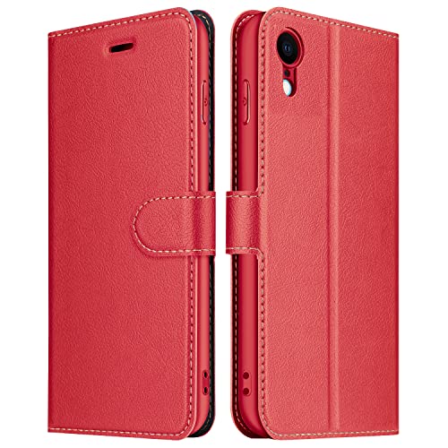 ELESNOW Hülle für iPhone XR, Premium Leder Klappbar Wallet Schutzhülle Tasche Handyhülle mit [Magnetisch, Kartenfach, Standfunktion] für Apple iPhone XR - 6.1 Zoll (Rot) von ELESNOW
