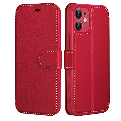 ELESNOW Hülle iPhone 12-6.1", PU Leder Wallet Klappbar Schutzhülle Flip Case Handyhülle Magnetisches Stoßfeste Klapphülle für iPhone 12 (Rot) von ELESNOW
