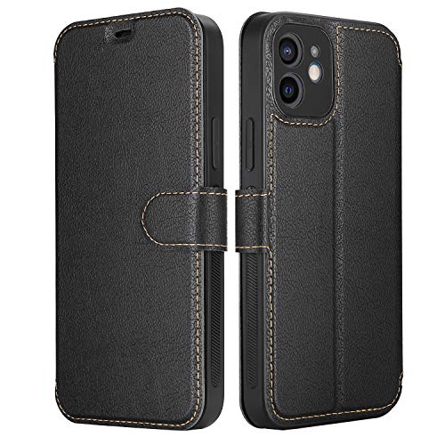 ELESNOW Hülle iPhone 12-6.1", PU Leder Wallet Klappbar Schutzhülle Flip Case Handyhülle Magnetisches Stoßfeste Klapphülle für iPhone 12 (Schwarz) von ELESNOW