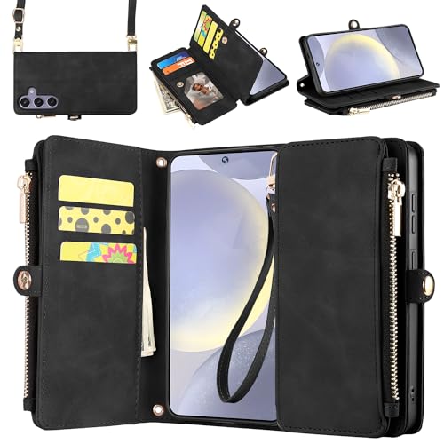 ELESNOW Schutzhülle für Samsung Galaxy S24 Plus, für Damen und Herren, PU-Leder mit Kartenhalter [RFID-Blockierung], Handschlaufe, Crossbody-Reißverschluss, Ständer, magnetische Klapp-Handyhülle für von ELESNOW