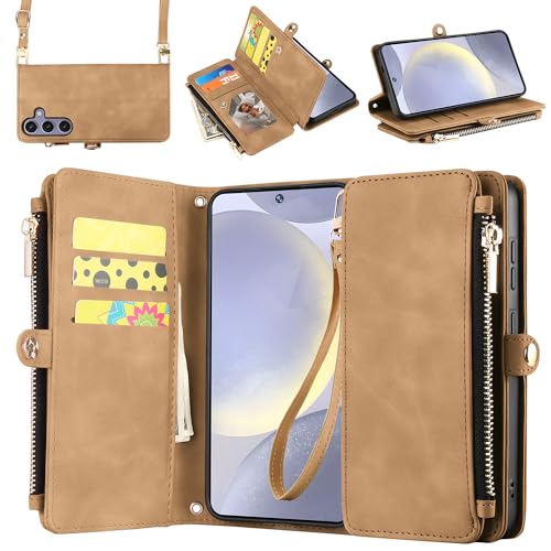 ELESNOW Schutzhülle für Samsung Galaxy S24 Plus, für Damen und Herren, PU-Leder mit Kartenhalter [RFID-Blockierung], Handschlaufe, Crossbody-Reißverschluss, Ständer, magnetische Klapp-Handyhülle für von ELESNOW