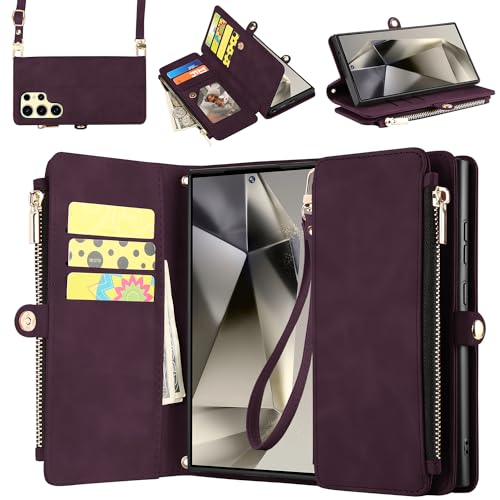 ELESNOW Schutzhülle für Samsung Galaxy S24 Ultra für Damen, PU-Leder mit Kartenhalter [RFID-Blockierung], Handschlaufe, Crossbody-Reißverschluss, Ständer, magnetische Flip-Handyhülle für Samsung S24 von ELESNOW