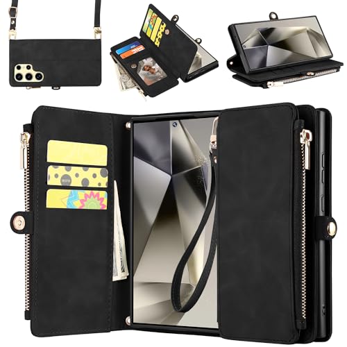 ELESNOW Schutzhülle für Samsung Galaxy S24 Ultra für Damen und Herren, PU-Leder mit Kartenhalter [RFID-Blockierung], Handschlaufe, Crossbody-Reißverschluss, Ständer, magnetische Klapp-Handyhülle für von ELESNOW