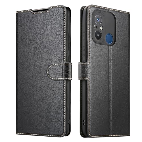 ELESNOW Xiaomi Redmi 12C Hülle, PU Leder Wallet Klappbar Schutzhülle Flip Case Handyhülle Magnetisches Stoßfeste Klapphülle für Xiaomi Redmi 12C (Schwarz) von ELESNOW
