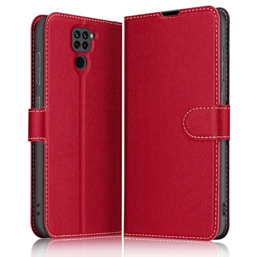 ELESNOW Xiaomi Redmi Note 9 Hülle, PU Leder Wallet Klappbar Schutzhülle Flip Case Handyhülle Magnetisches Stoßfeste Klapphülle für Redmi Note 9 (Rot) von ELESNOW
