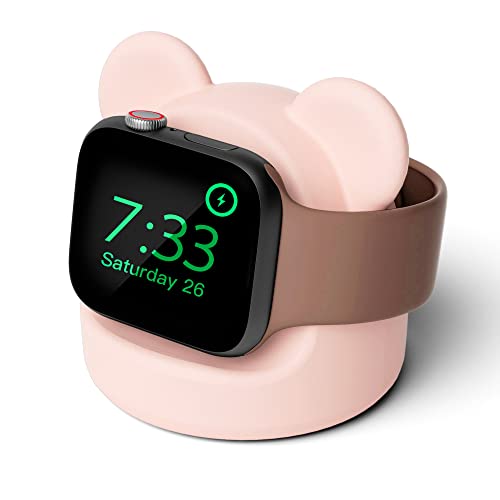 ELETIUO Ladestation aus Silikon, kompatibel mit Apple Watch Serie Ultra2/Ultra/10/9/8/SE2/7/6/SE/5/4/3/2/1 (46/45/44/42/41/40/38 mm), Bear iWatch Ladestation, unterstützt Nachttisch-Modus, Rosa von ELETIUO