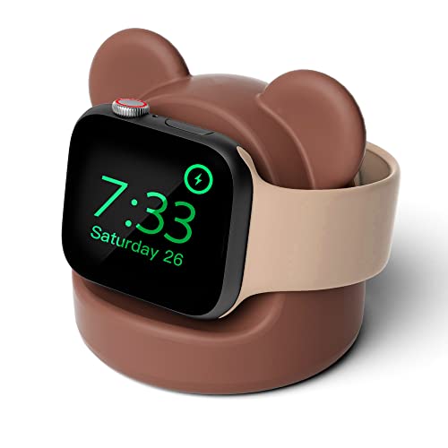 ELETIUO Ladestation aus Silikon, kompatibel mit Apple Watch Serie 8/Ultra/SE2/7/6/SE/5/4/3/2/1 (49/45/44/42/41/40/38 mm), Bear iWatch Ladestation, unterstützt Nachttisch-Modus, Braun von ELETIUO
