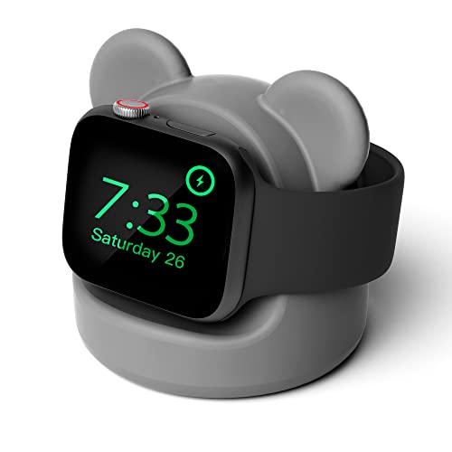 ELETIUO Ladestation aus Silikon, kompatibel mit Apple Watch Serie Ultra2/Ultra/10/9/8/SE2/7/6/SE/5/4/3/2/1 (46/45/44/42/41/40/38 mm), Bear iWatch Ladestation, unterstützt Nachttisch-Modus, Grau von ELETIUO