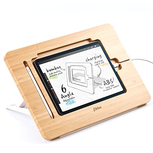 ELETIUO Verbesserter Bambus-Holz-Zeichen-iPad-Halter mit Bleistift und Ladekabelschlitz, verstellbarer Tablet-Desktop, faltbarer tragbarer Ständer,4.,5. Generation von ELETIUO